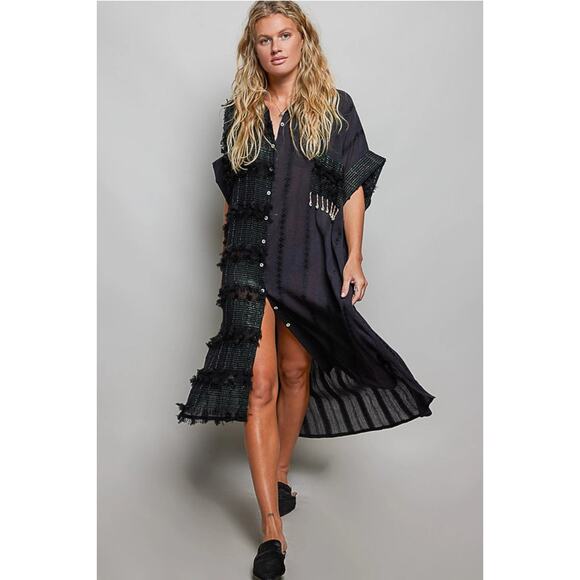 POL Dresses & Skirts - POL Dangle Trim Textured Cotton Oversized Long Shirt Dress - Black